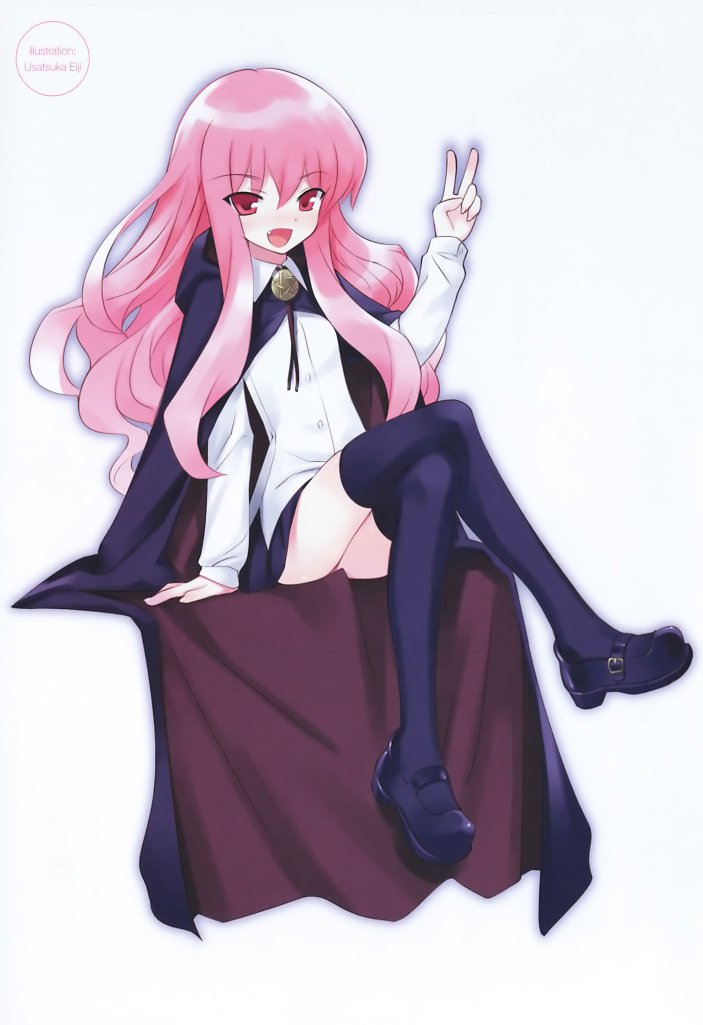 usatsuka eiji, louise francoise le blanc de la valliere, zero no tsukaima, highres, 00s, 1girl, blouse, blue thighhighs, cape, fang, female focus, long hair, long legs, mary janes, pentacle, pink hair, shirt, shoes, solo, thighhighs, v, white background, white shirt