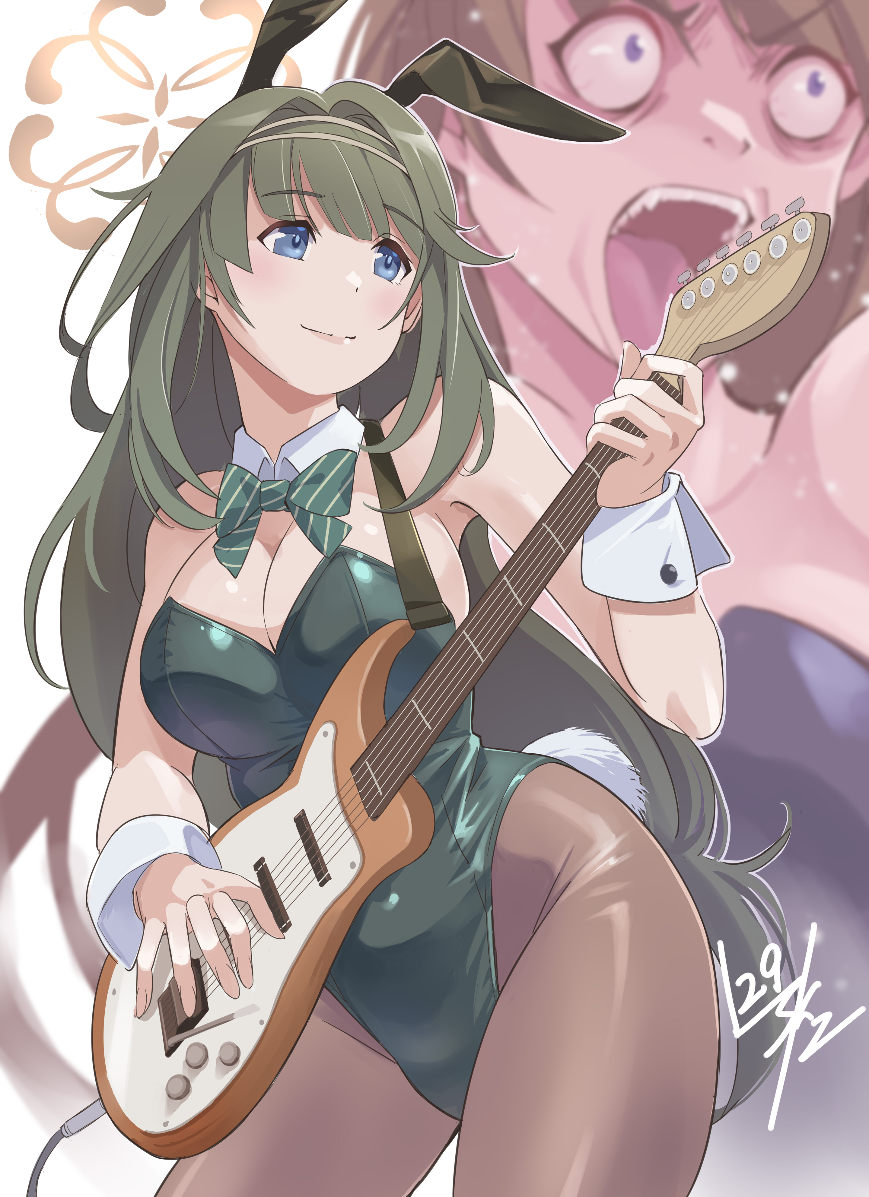 nikulas cage, tsumugi (blue archive), blue archive, absurdres, character request, highres, 2girls, animal ear hairband, animal ears, blue eyes, bow, bowtie, breasts, brown halo, cleavage, cowboy shot, detached collar, dilated pupils, electric guitar, fake animal ears, green hair, green leotard, guitar, hairband, halo, instrument, leotard, long hair, medium breasts, multiple girls, music, pantyhose, playboy bunny, playing guitar, playing instrument, rabbit ears, rabbit tail, solo focus, strapless, strapless leotard, striped bow, striped bowtie, striped clothes, tail, wrist cuffs