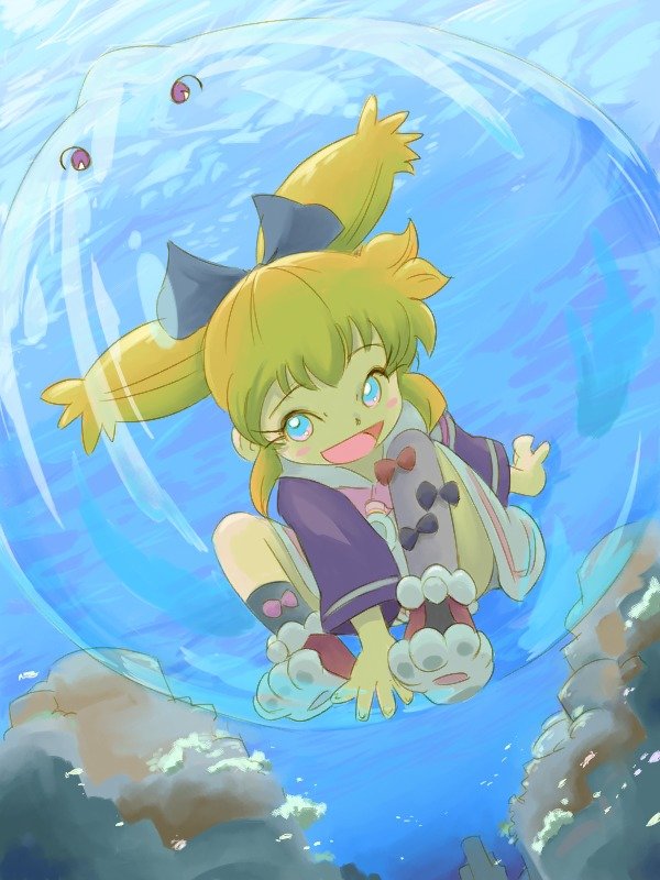 ohyo, popuri, popuri (fushigi mahou fun fun pharmacy), fushigi mahou fun fun pharmacy, 1990s (style), 1girl, :d, blonde hair, bubble, diving, female focus, floating hair, full body, long hair, long sleeves, open mouth, retro artstyle, rock, smile, solo, underwater, water