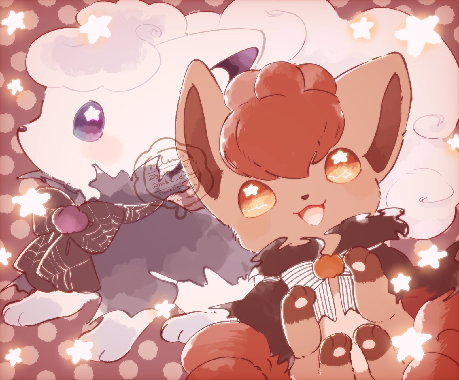 mkt (buizu-miki), alolan vulpix, vulpix, nintendo, pokemon, commentary, highres, symbol-only commentary, alolan form, animal focus, blue eyes, blush, cloak, clothed pokemon, fox, gen 1 pokemon, gen 7 pokemon, no humans, orange eyes, pokemon (creature), pokemon focus, ribbon, smile, torn clothes