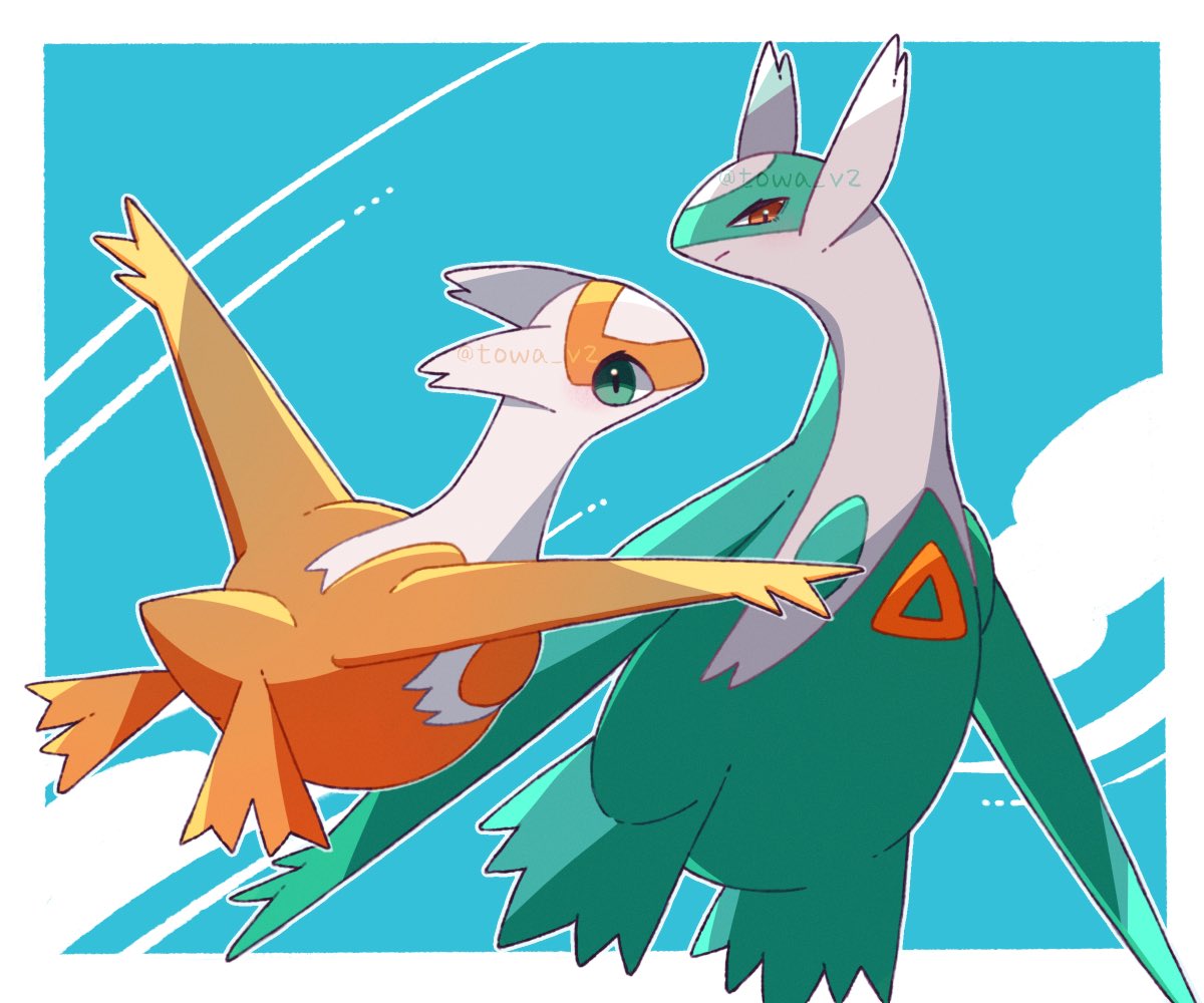 towa (clonea), latias, latios, nintendo, pokemon, commentary, symbol-only commentary, animal focus, closed mouth, dragon, floating, gen 3 pokemon, green eyes, legendary pokemon, no humans, orange eyes, pokemon (creature), pokemon focus, twitter username, wings