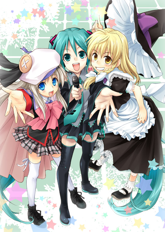 sato-pon, hatsune miku, kirisame marisa, noumi kudryavka, little busters!, touhou, vocaloid, silver hair, 3girls, aqua eyes, aqua hair, blonde hair, blue eyes, boots, bow, buttons, cape, crossover, hat, large buttons, long hair, microphone, multiple girls, open mouth, pink bow, plaid clothes, plaid skirt, school uniform, serafuku, skirt, star (symbol), thigh boots, thighhighs, very long hair, witch, witch hat, yellow eyes