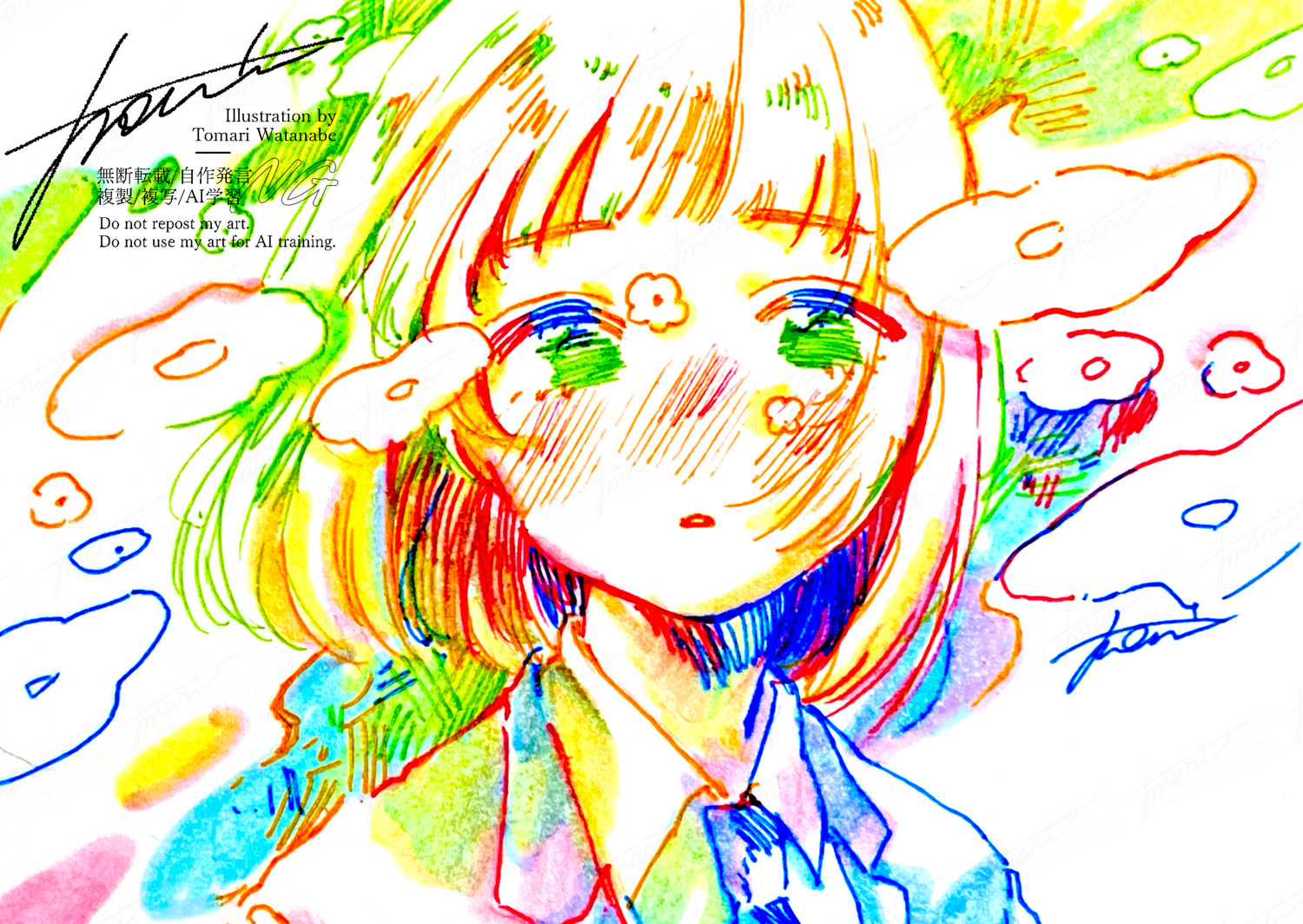 watanabe tomari, original, traditional media, 1girl, artist name, blush, bob cut, collared shirt, colorful, hatching (texture), medium hair, parted lips, portrait, shirt, signature, solo, watermark