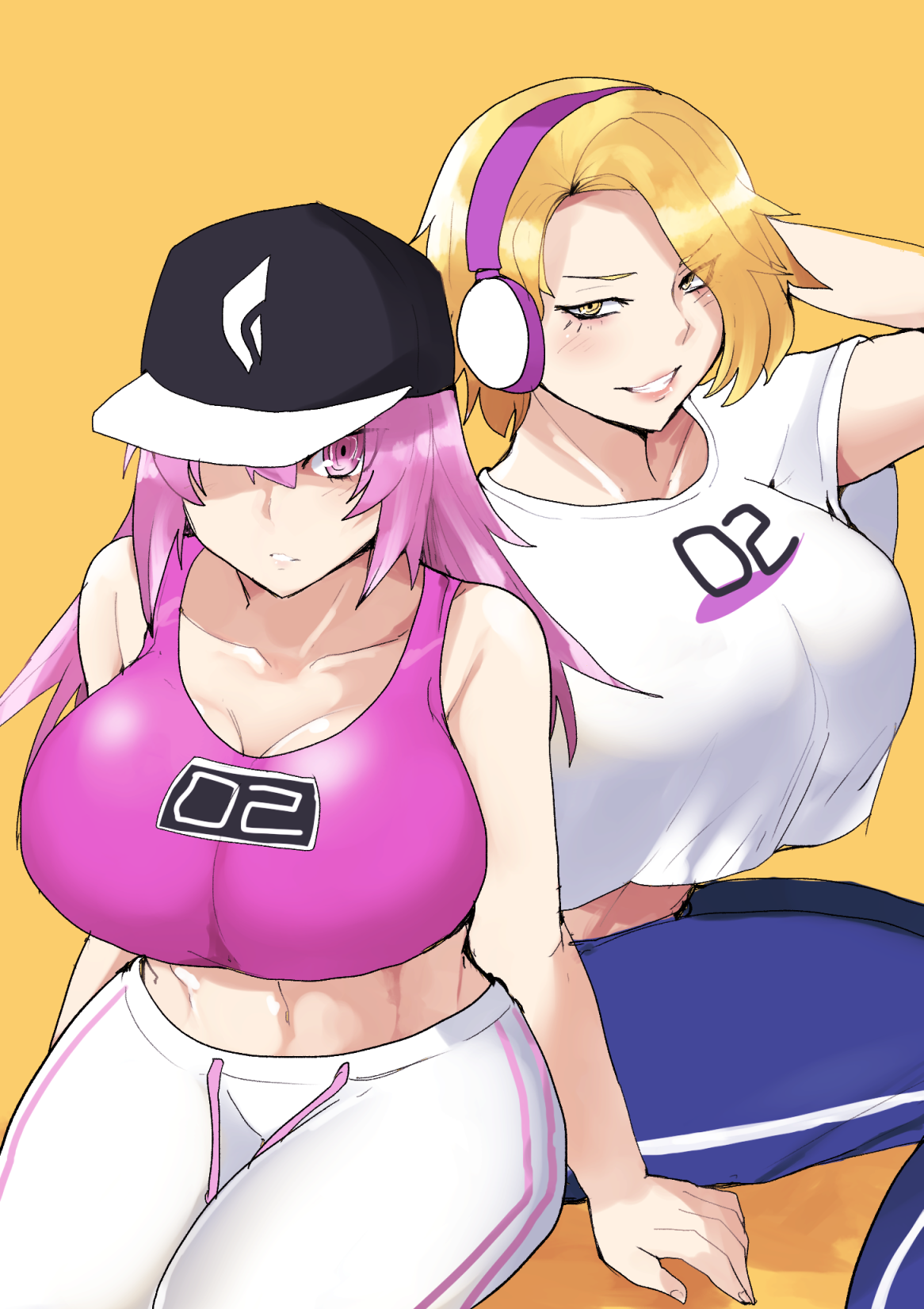 rice grg, byoubugaura homare, sazanami kuina, tougen anki, bilingual commentary, commentary, english commentary, highres, mixed-language commentary, 2girls, bare shoulders, baseball cap, blonde hair, blue pants, blush, breasts, cleavage, covered navel, crop top, grin, hat, headphones, large breasts, long hair, looking at viewer, midriff, multiple girls, one eye covered, pants, pink eyes, pink hair, pink sports bra, shirt, short hair, simple background, smile, sports bra, white pants, white shirt, yellow background, yellow eyes