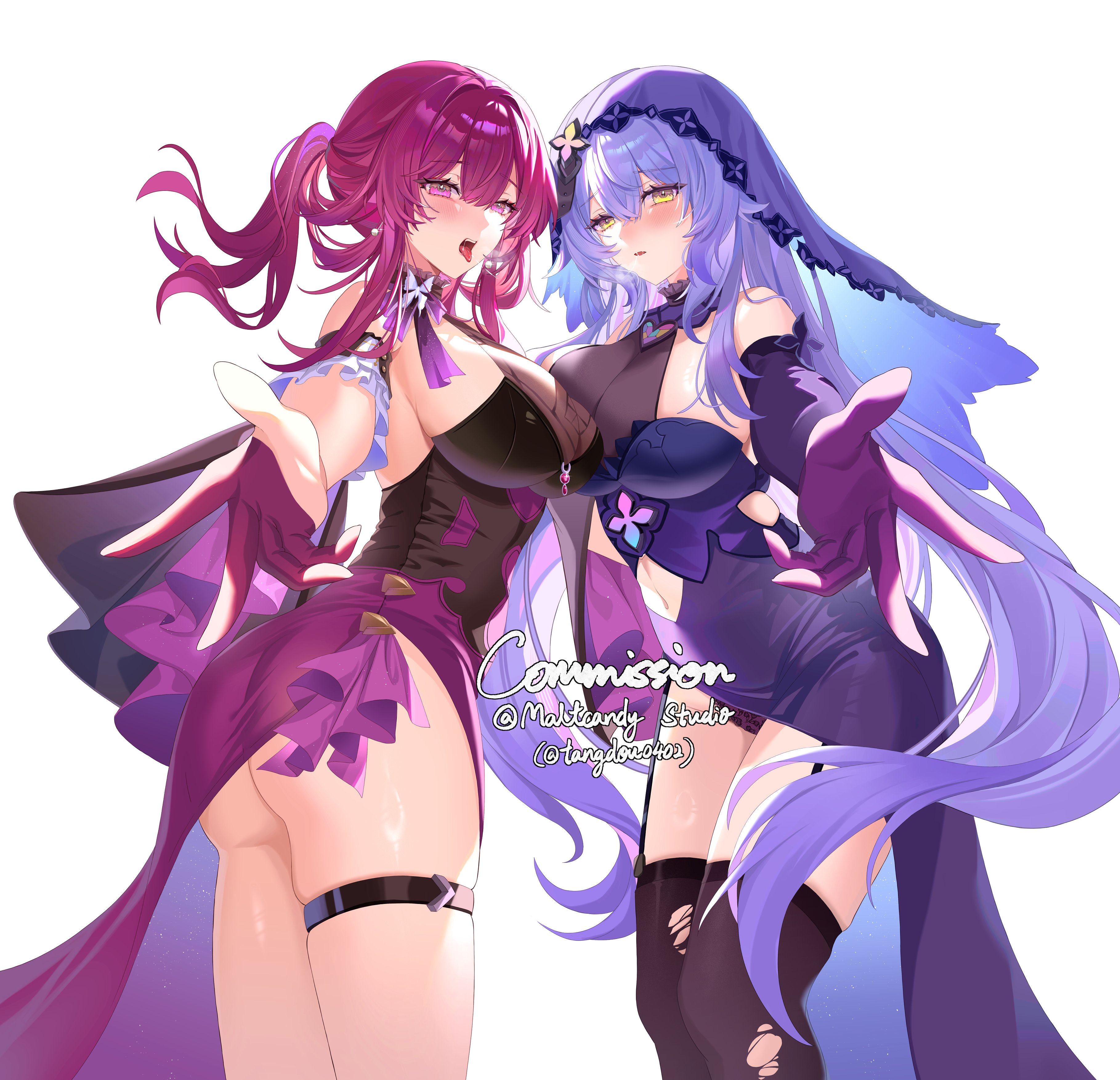 tangdou0402, black swan (honkai: star rail), kafka (honkai: star rail), honkai: star rail, honkai (series), absurdres, commission, highres, 1girl, 2girls, ass, black thighhighs, blush, clothing cutout, cowboy shot, dress, multiple girls, panties, purple dress, purple hair, purple panties, reaching, reaching towards viewer, see-through cleavage, see-through clothes, skindentation, solo, stomach cutout, thigh strap, thighhighs, tongue, tongue out, torn clothes, torn thighhighs, underwear, veil, yellow eyes