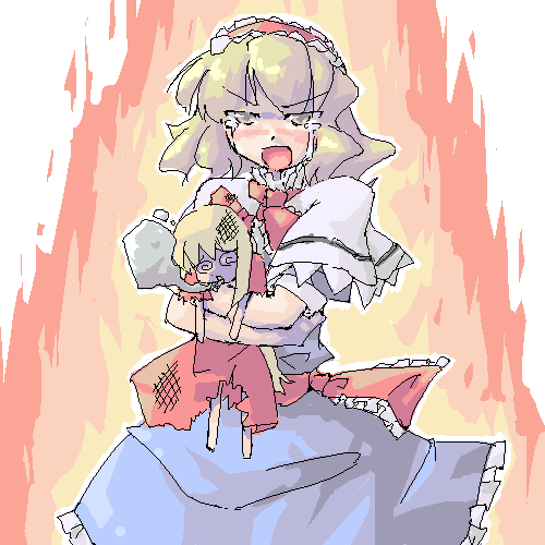 arnest, alice margatroid, shanghai doll, touhou, lowres, 2girls, female focus, multiple girls, oekaki, solo, standing, tears
