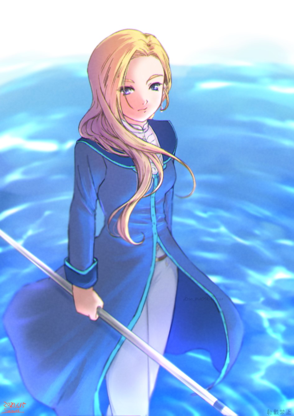 somakusha, glycine bleumer, sakura taisen, sakura taisen iii, highres, blonde hair, blue eyes, blue jacket, from above, halberd, holding, holding polearm, holding weapon, jacket, long hair, looking at viewer, ocean, pants, polearm, shirt, weapon, white pants, white shirt