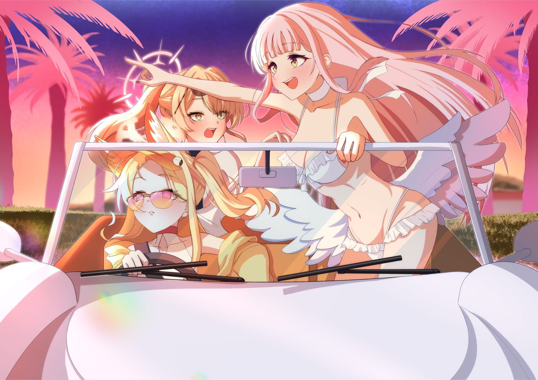 mika (blue archive), mika (swimsuit) (blue archive), nagisa (blue archive), nagisa (swimsuit) (blue archive), seia (blue archive), seia (swimsuit) (blue archive), blue archive, commentary, commentary request, english commentary, highres, mixed-language commentary, 3girls, :d, animal ear fluff, animal ears, bare shoulders, bikini, black one-piece swimsuit, blonde hair, blunt bangs, blush, breasts, bright pupils, brown eyes, brown hair, car, cleavage, closed mouth, cowboy shot, driving, extra ears, eyelashes, eyewear on head, feathered wings, floating hair, forehead, fox ears, fox girl, frilled bikini, frills, frown, groin, hair intakes, hakuchon821, halo, happy, index finger raised, large breasts, leaning forward, long hair, looking ahead, looking at another, looking to the side, low wings, motor vehicle, multiple girls, navel, official alternate costume, official alternate hairstyle, one-piece swimsuit, open mouth, orange-tinted eyewear, outdoors, outstretched arm, palm tree, parted bangs, pink eyes, pink hair, pink halo, ponytail, rear-view mirror, side ponytail, sidelocks, sitting, smile, standing, steering wheel, stomach, straight hair, sunglasses, sunset, swimsuit, tea party (blue archive), teeth, tinted eyewear, tree, tsurime, upper body, upper teeth only, very long hair, visor cap, white bikini, white car, white one-piece swimsuit, white pupils, white wings, wings, yellow eyes, yellow halo
