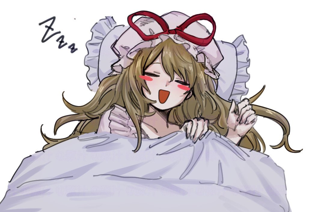 ame iru, yakumo yukari, touhou, 1girl, :d, blanket, blonde hair, blush, closed mouth, collarbone, hair between eyes, hat, long hair, mob cap, nightgown, open mouth, pillow, sleeping, smile, solo, under covers, white background, white nightgown, zzz