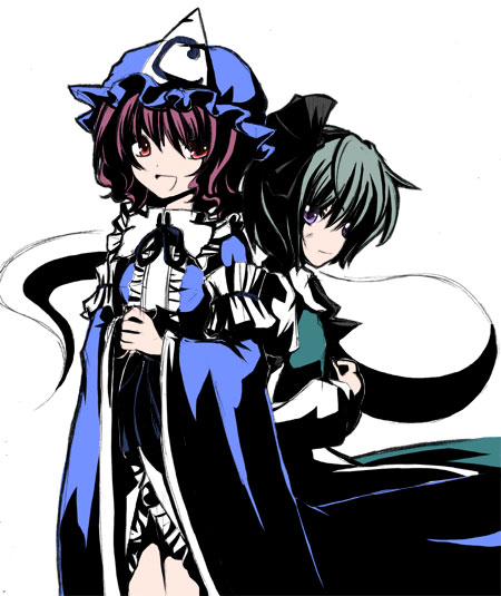 miwa maku, konpaku youmu, konpaku youmu (ghost), saigyouji yuyuko, touhou, 2girls, arm garter, closed mouth, female focus, hairband, hat, japanese clothes, kimono, long sleeves, mob cap, multiple girls, open mouth, pink hair, purple eyes, red eyes, short hair, simple background, standing, triangular headpiece, white background, wide sleeves