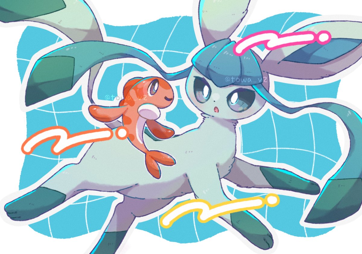 towa (clonea), glaceon, tatsugiri, tatsugiri (curly), nintendo, pokemon, commentary request, animal focus, blue eyes, blush, brown eyes, gen 4 pokemon, no humans, one eye closed, open mouth, pokemon (creature), pokemon focus, twitter username