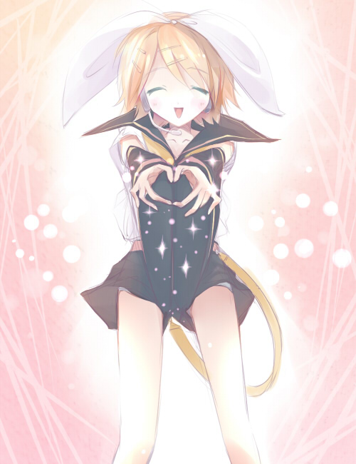 mugen dai, kagamine rin, vocaloid, 1girl, bad anatomy, bad hands, blonde hair, closed eyes, female focus, heart, heart hands, poorly drawn, short hair, solo