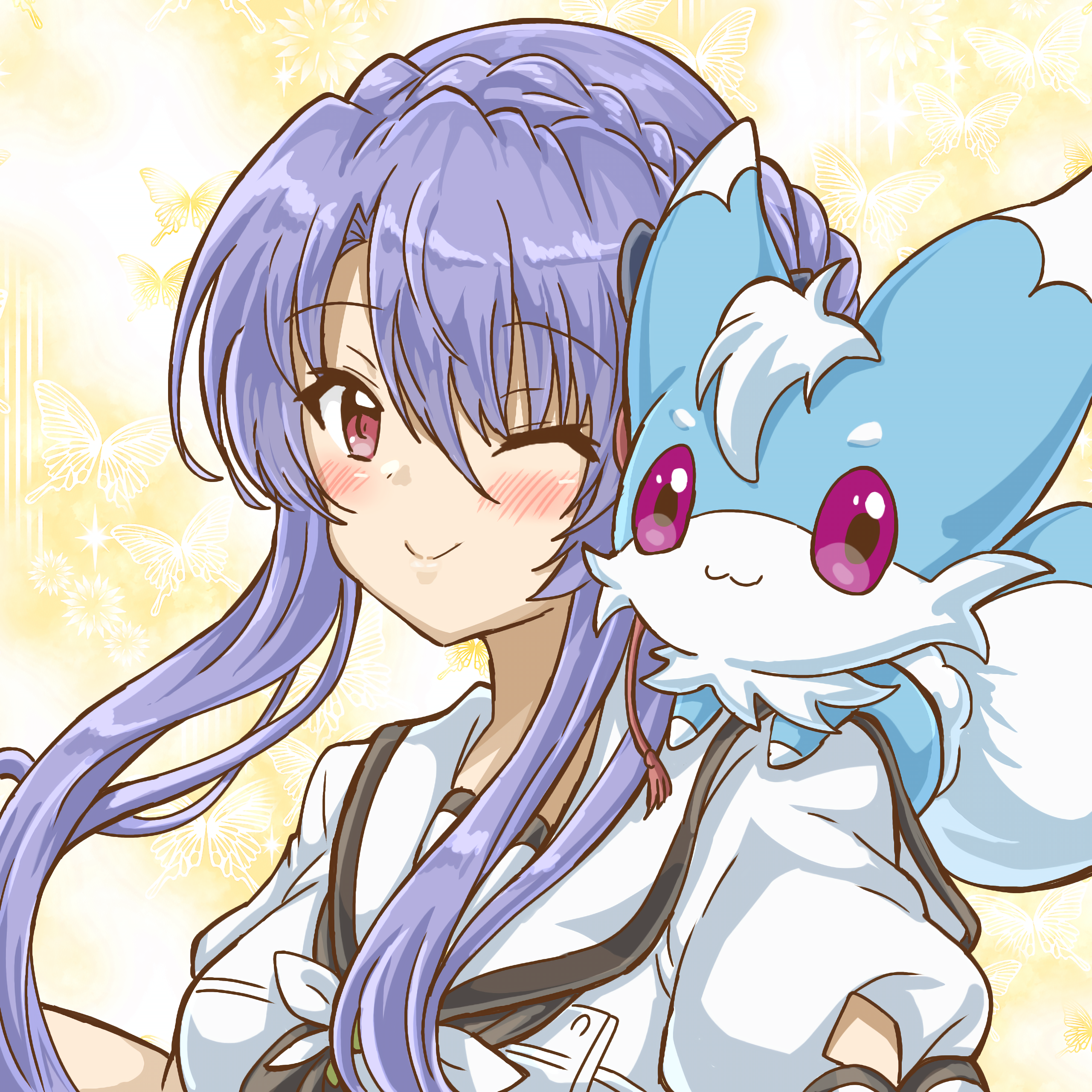 marihei64ds, sorakado ao, summer pockets, absurdres, commentary, highres, 1girl, :3, ;), animal, animal on shoulder, ascot, black ascot, blue hair, blush, braid, bug, butterfly, closed mouth, crown braid, floating hair, fox, hair between eyes, happy, inari (summer pockets), insect, long hair, looking at viewer, one eye closed, pink eyes, puffy short sleeves, puffy sleeves, red eyes, sailor collar, school uniform, serafuku, shirt, short sleeves, sidelocks, simple background, smile, split mouth, straight hair, summer pockets school uniform, upper body, white butterfly, white sailor collar, white shirt, yellow background