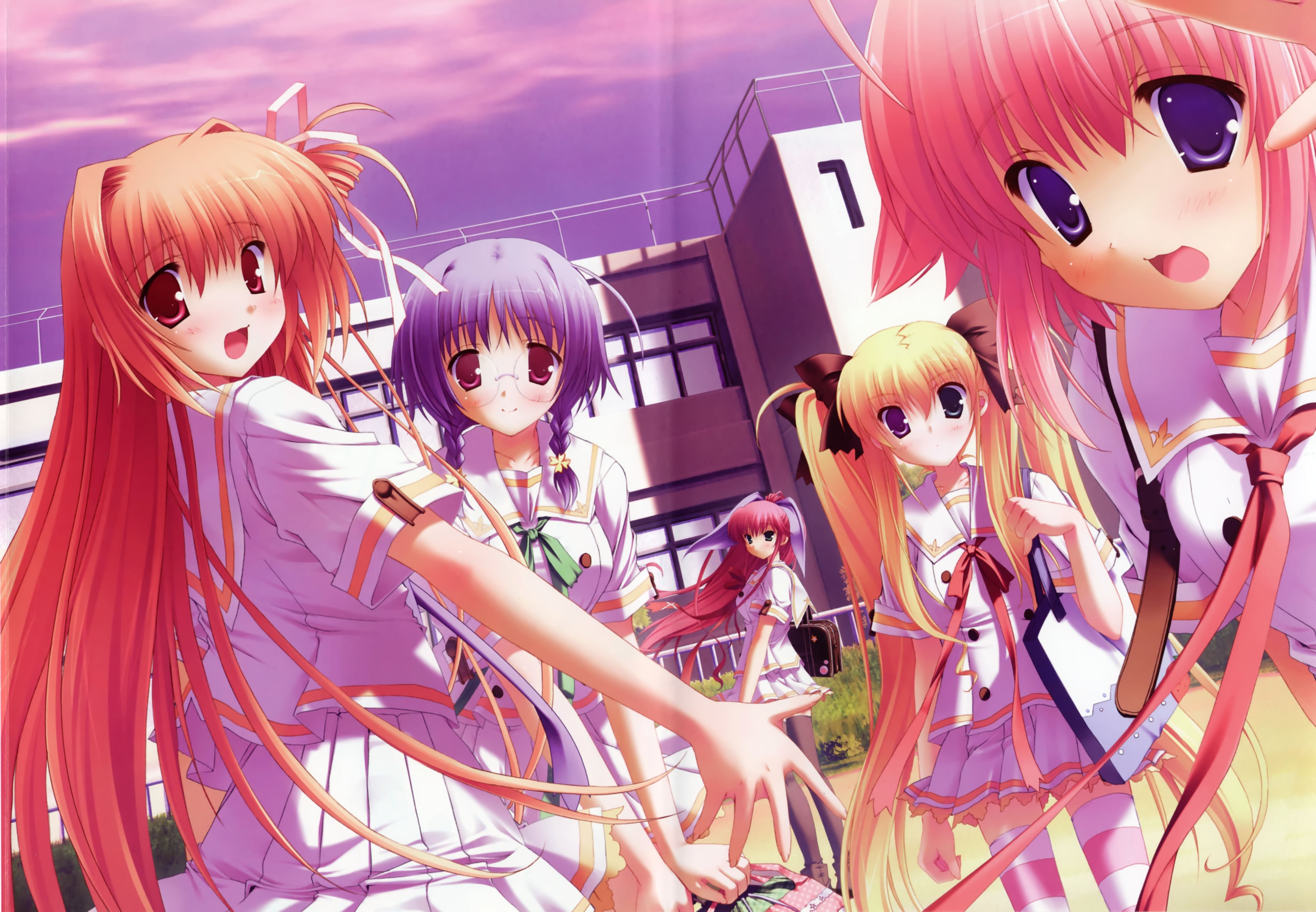 ikegami akane, futaba hinata, hoshikawa ruka, kusuhara kotone, suzuki ryumi, takatsuka mizuki, hoshiful, absurdres, highres, 5girls, blonde hair, blue eyes, blush, braid, female focus, glasses, heterochromia, long hair, multiple girls, nature, outdoors, pink hair, purple eyes, purple hair, ribbon, school uniform, serafuku, sky, smile, thighhighs, twin braids, twintails, zettai ryouiki