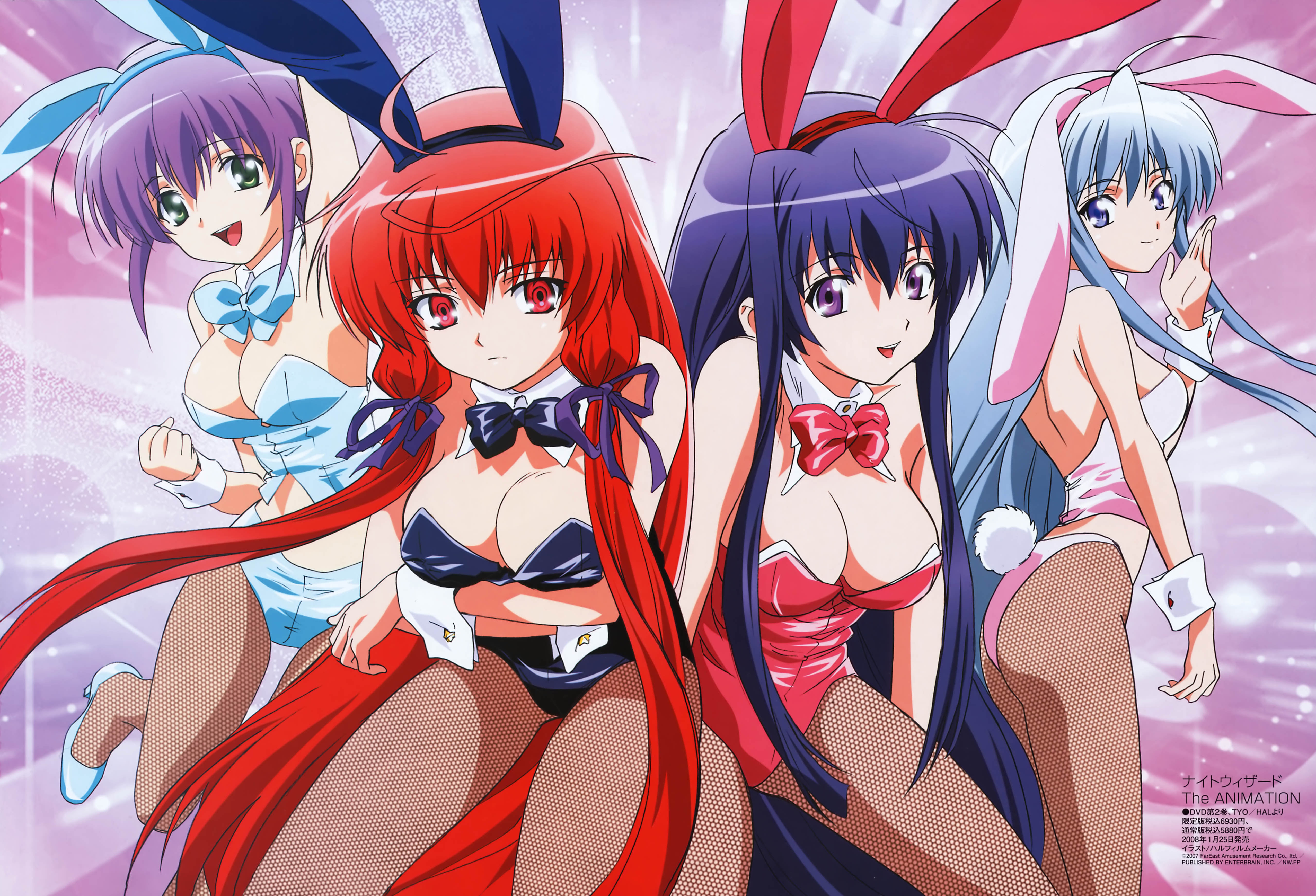 akabane kureha, anzelotte, himuro akari, shiho elis, megami magazine, night wizard, breast hold, silver hair, absurdres, highres, non-web source, official art, scan, 00s, 4girls, :d, ahoge, animal ears, antenna hair, arm up, armpits, ass, back, bare shoulders, black leotard, blue hair, bow, bowtie, breasts, bustier, cleavage, clenched hand, crossed arms, detached collar, expressionless, fake animal ears, fake tail, fishnet pantyhose, fishnets, floating hair, from side, green eyes, hair ribbon, hairband, high heels, jumping, kemonomimi mode, large breasts, leaning forward, leg lift, leotard, light particles, light smile, long hair, looking at viewer, looking back, multiple girls, open mouth, pantyhose, playboy bunny, purple background, purple eyes, purple hair, rabbit ears, rabbit tail, red eyes, red hair, red leotard, ribbon, short hair, sideboob, sidelocks, smile, standing, tail, very long hair, waving, white leotard, wrist cuffs