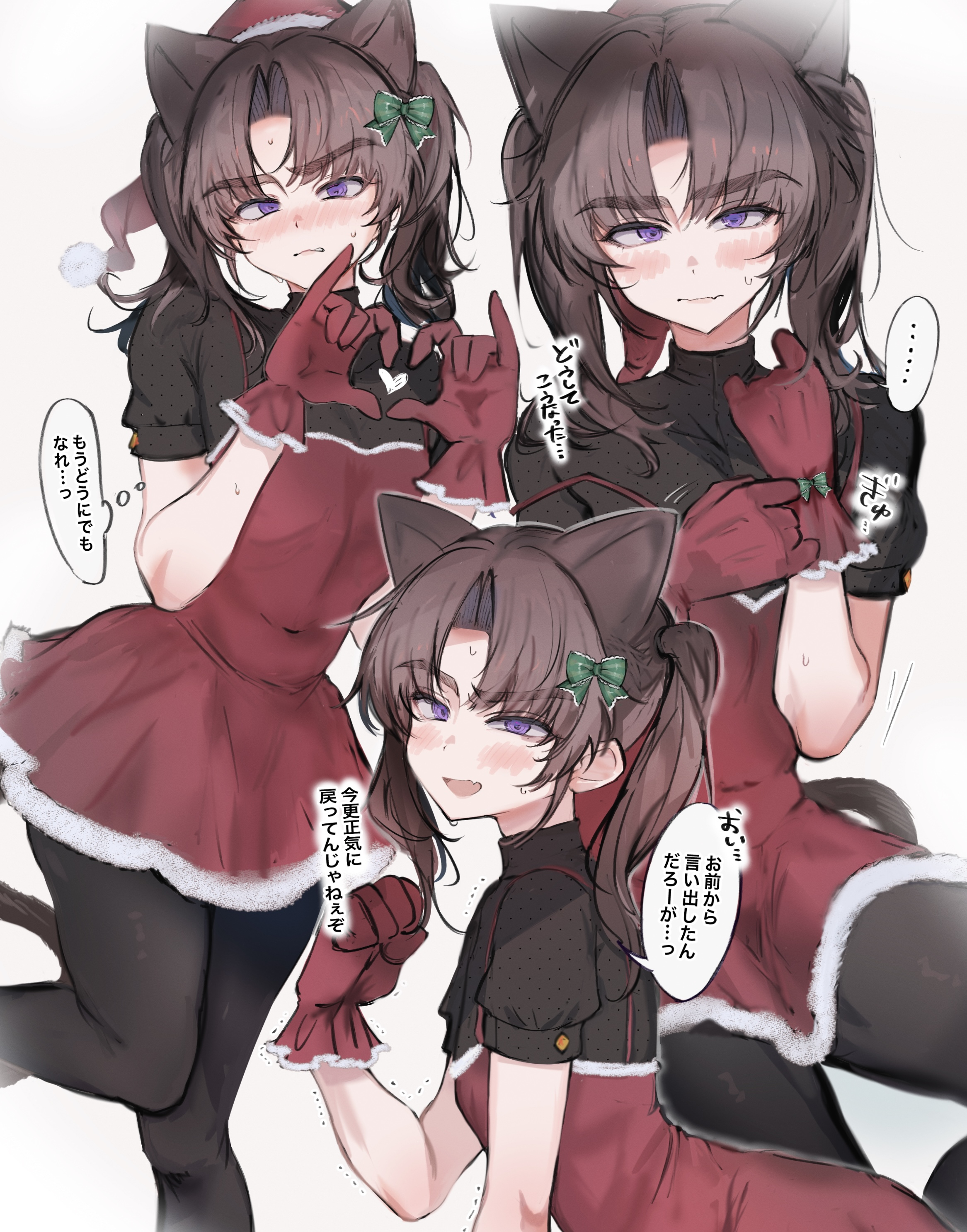 imamiya pinoko, original, absurdres, highres, translated, 1boy, animal ears, ayase ayato (imamiya pinoko), brown hair, cat ears, crossdressing, crossdressing (mtf), fake animal ears, fang, finger heart, gloves, hat, long hair, pantyhose, purple eyes, santa costume, santa hat, simple background, skin fang, sweat, thick eyebrows, trap, turtleneck, twintails
