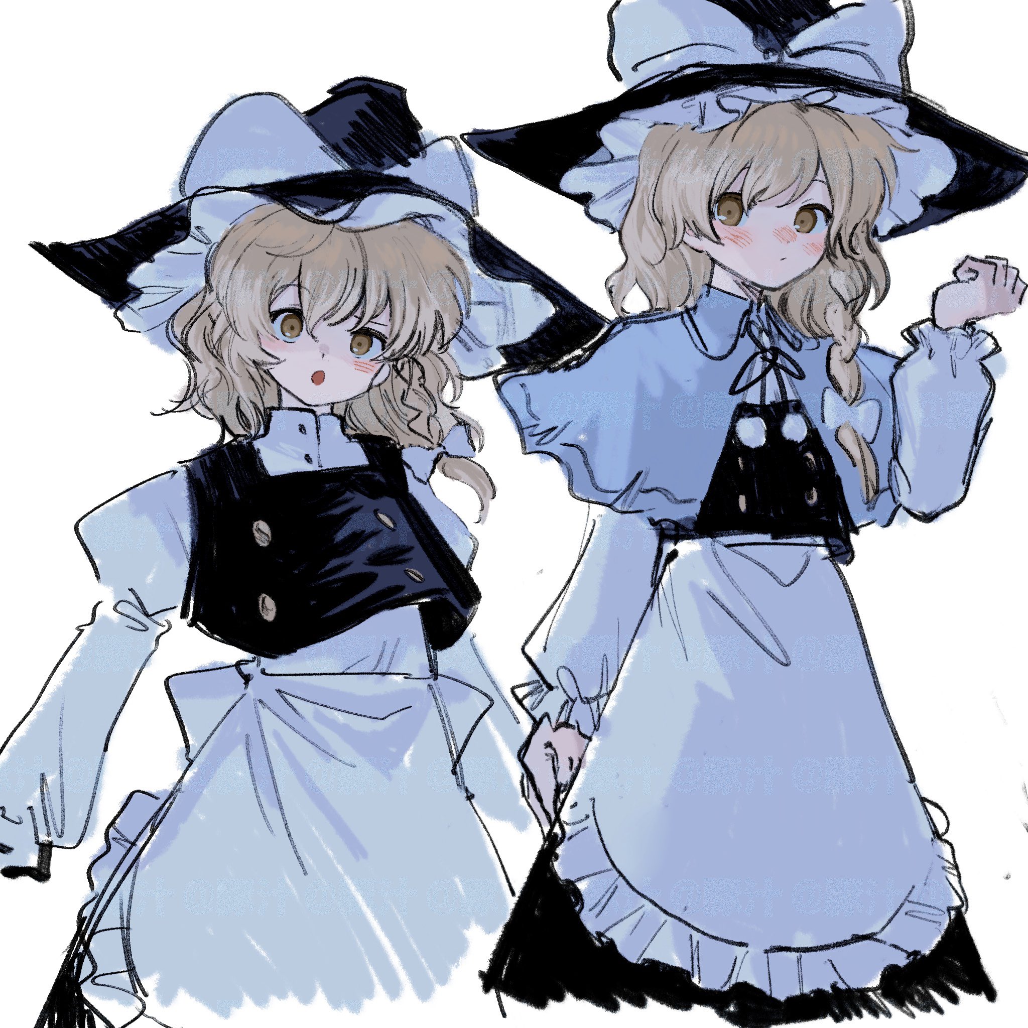 ame iru, kirisame marisa, touhou, highres, :d, apron, black skirt, black vest, blonde hair, blush, braid, capelet, closed mouth, frills, hair ribbon, hand up, hat, long hair, long sleeves, looking at viewer, nose blush, open mouth, ribbon, shirt, skirt, smile, variations, vest, white background, white capelet, white shirt, witch hat, yellow eyes