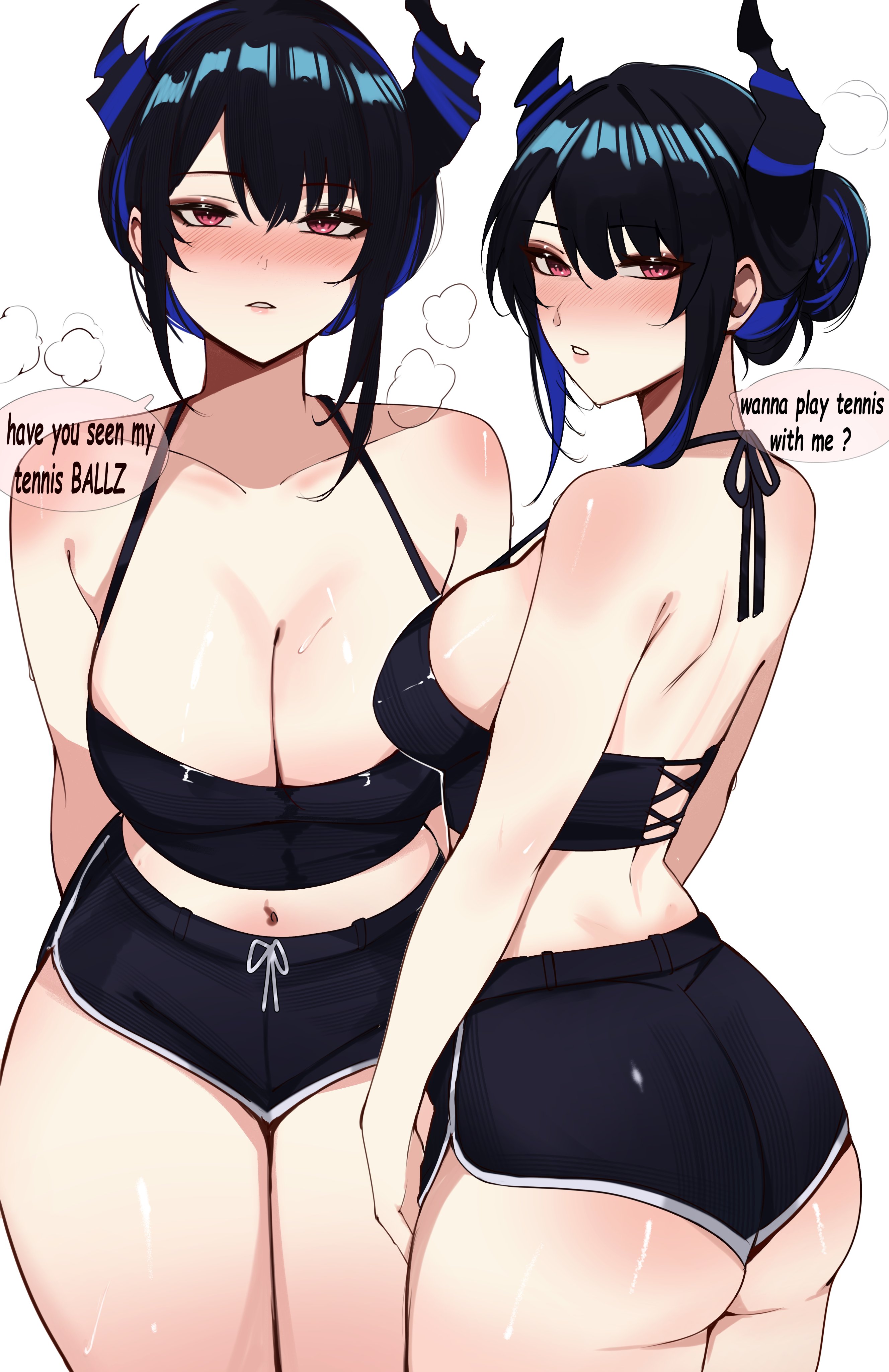 meeko illus, nerissa ravencroft, hololive, hololive english, absurdres, commentary, highres, 1girl, alternate costume, ass, asymmetrical horns, black camisole, black hair, black shorts, blue hair, blush, breasts, camisole, cleavage, crop top, demon horns, english text, horns, large breasts, lips, looking at viewer, micro shorts, midriff, multicolored hair, multiple views, navel, red eyes, shorts, simple background, speech bubble, standing, steam, streaked hair, teeth, virtual youtuber, white background