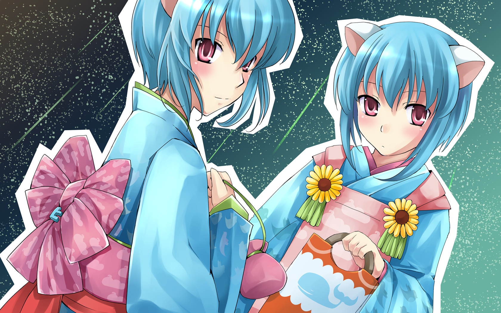 ishizaki uni, original, highres, 2girls, animal ears, cat ears, japanese clothes, kimono, multiple girls