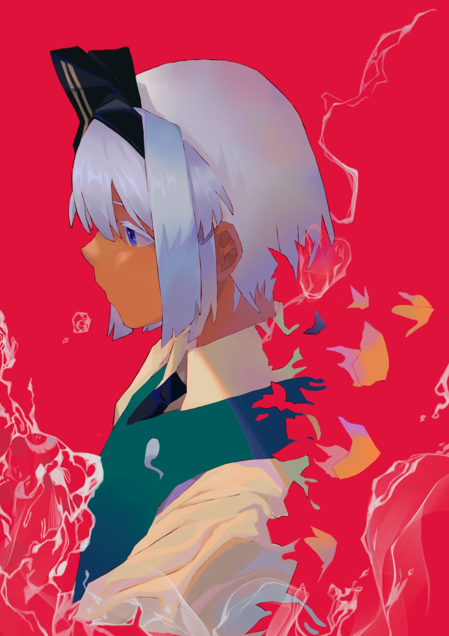 onionmay, konpaku youmu, touhou, highres, 1girl, black necktie, blue eyes, closed mouth, collared shirt, expressionless, from side, green vest, hairband, medium hair, necktie, red background, shirt, solo, upper body, vest, white hair, white shirt