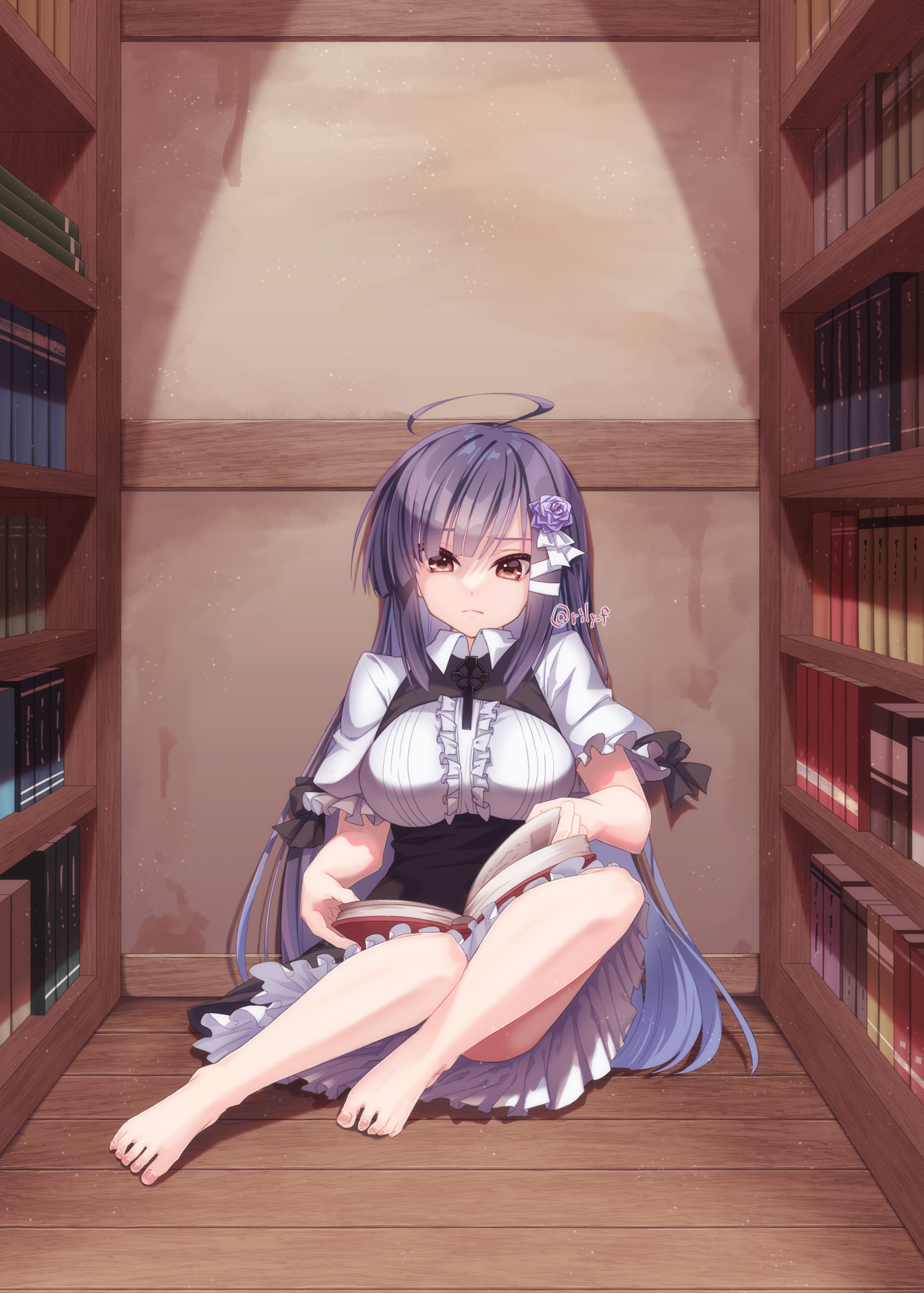 ririi (ai-my talikng), sagitsuki ruka, himawari no kyoukai to nagai natsuyasumi, commentary, highres, 1girl, ahoge, barefoot, black hair, black skirt, blunt bangs, blunt ends, book, bookshelf, breasts, center frills, collared shirt, convenient leg, feet, flower, frilled skirt, frilled sleeves, frills, full body, hair flower, hair ornament, hair ribbon, high-waist skirt, hime cut, huge ahoge, indoors, large breasts, library, long hair, looking down, on floor, open book, puffy short sleeves, puffy sleeves, purple flower, purple rose, reading, ribbon, rose, shirt, short sleeves, sidelocks, sitting, skirt, solo, straight hair, toenails, toes, tress ribbon, upskirt, very long hair, white ribbon, white shirt, wooden floor, yokozuwari