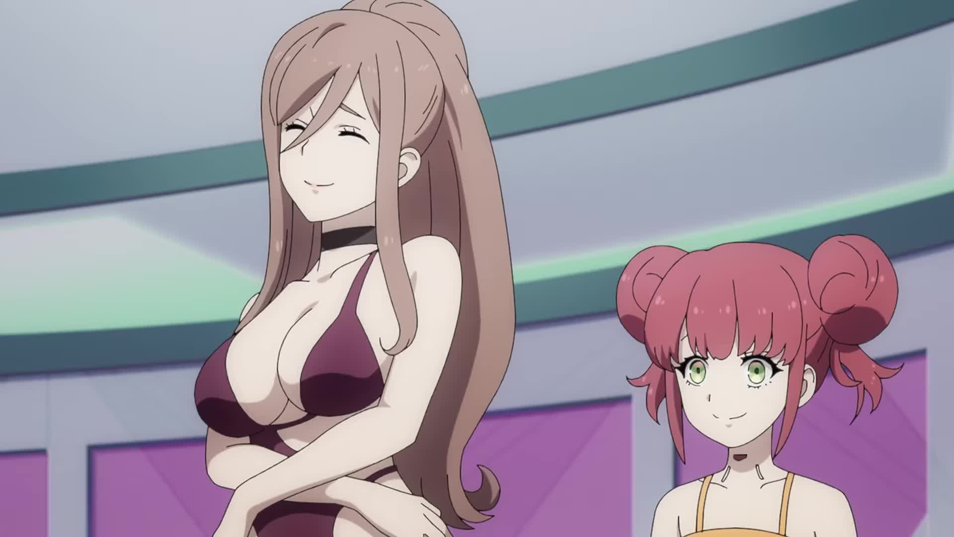 claudia (synduality), synduality, animated, tagme, video, 2girls, ass, breasts, brown hair, cleavage, closed eyes, gluteal fold, large breasts, long hair, multiple girls, swimsuit