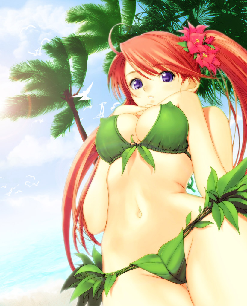 tony taka, 1girl, bikini, breasts, cleavage, covered erect nipples, female focus, from below, leaf, leaf bikini, long hair, looking down, palm tree, purple eyes, purple hair, red hair, solo, swimsuit, tree, tropical, twintails