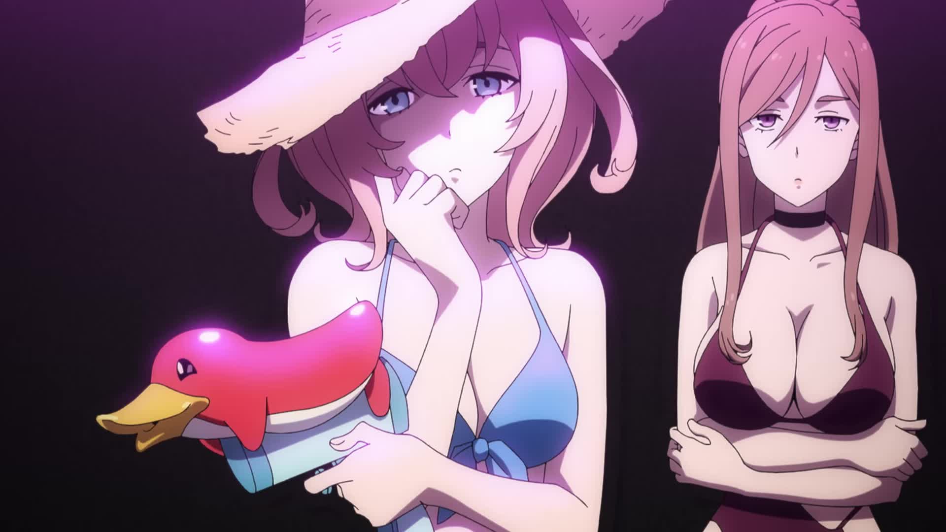 claudia (synduality), synduality, animated, tagme, video, 2girls, breasts, brown hair, cleavage, collarbone, large breasts, long hair, multiple girls, purple eyes, swimsuit
