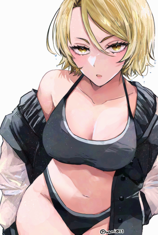 wami0303, sazanami kuina, tougen anki, commentary, 1girl, artist name, black panties, black sports bra, blonde hair, breasts, cleavage, hair between eyes, looking at viewer, navel, open mouth, panties, short hair, simple background, single bare shoulder, solo, sports bra, twitter username, underwear, undressing, wet, wet hair, white background, yellow eyes