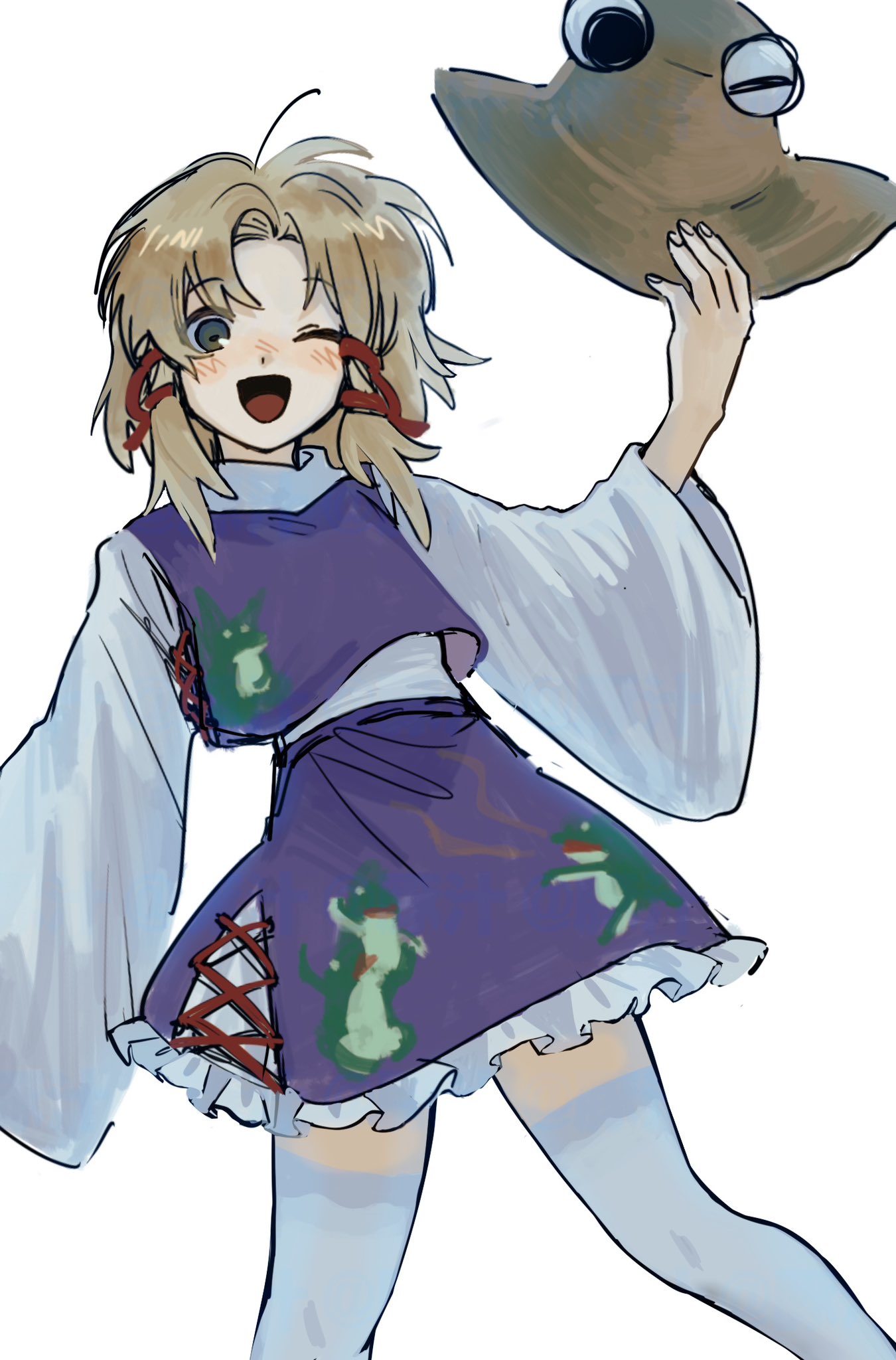 ame iru, moriya suwako, pyonta, touhou, highres, 1girl, :d, animal print, blonde hair, blush, frog print, hat, holding, holding unworn clothes, holding unworn hat, long sleeves, medium hair, one eye closed, open mouth, purple skirt, purple vest, shirt, skirt, smile, solo, thighhighs, thighs, unworn hat, unworn headwear, vest, white background, white shirt, white thighhighs, zettai ryouiki