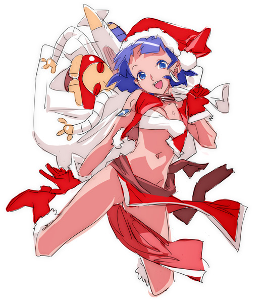 nishieda, nadia la arwall, fushigi no umi no nadia, bad id, bad pixiv id, 1990s (style), 1girl, bandeau, christmas, female focus, gloves, loincloth, midriff, no panties, pelvic curtain, red gloves, retro artstyle, sack, santa costume, short hair, solo, strapless, tube top, vest
