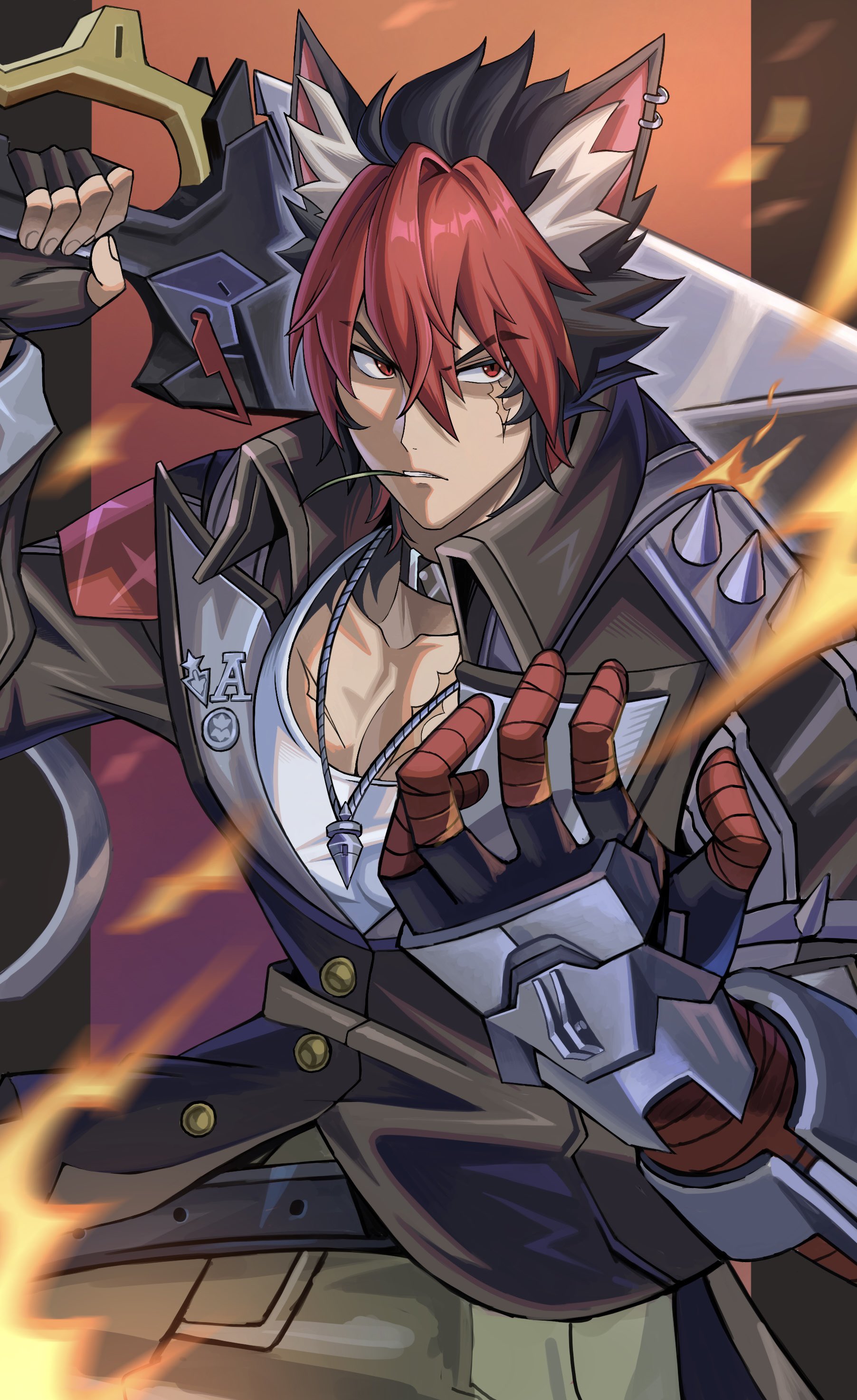 rxo2xs, komano manato, zenless zone zero, absurdres, highres, 1boy, animal ear fluff, animal ear piercing, arm up, belt, black belt, black choker, black gloves, black hair, black jacket, buttons, choker, collarbone, collared jacket, cowboy shot, double-parted bangs, earrings, fingerless gloves, fire, gloves, hair between eyes, high collar, holding, holding sword, holding weapon, jacket, jewelry, looking to the side, male focus, mouth hold, multicolored hair, necklace, parted lips, piercing, red eyes, red hair, scar, scar across eye, scar on face, sideways glance, solo, spiked jacket, stalk in mouth, sword, teeth, two-tone hair, weapon, weapon across shoulders, wing collar