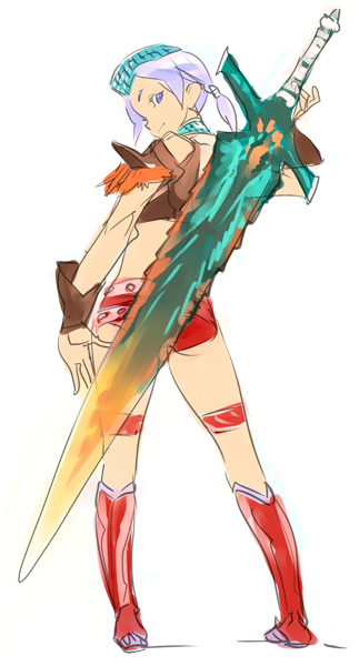 nishieda, capcom, monster hunter (series), bad id, bad pixiv id, 1girl, armor, back, belt, boots, crop top, detached sleeves, female focus, from behind, hat, huge weapon, knee boots, looking back, panties, purple eyes, purple hair, red panties, short hair, short twintails, simple background, sketch, smile, solo, standing, studded belt, sword, thigh strap, twintails, underwear, weapon