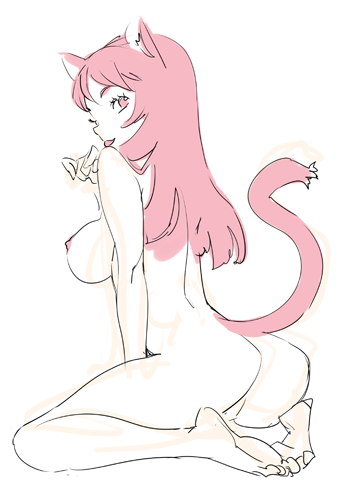 nishieda, original, bad id, bad pixiv id, lowres, 1girl, animal ears, ass, barefoot, breasts, cat ears, cat tail, completely nude, female focus, large breasts, nipples, nude, pink hair, simple background, sitting, sketch, solo, tail, wariza, white background