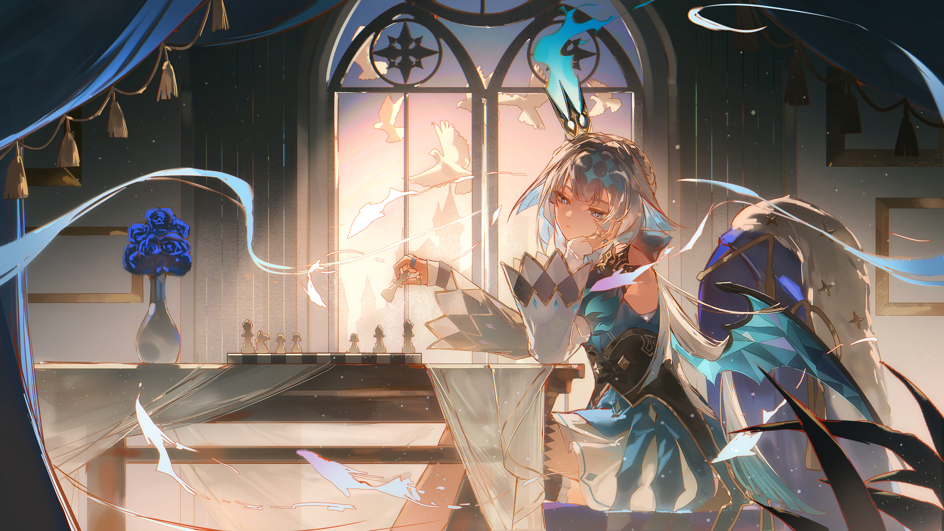 deng wo qu shang ge cesuo, cerydra (honkai: star rail), honkai: star rail, honkai (series), absurdres, chinese commentary, commentary request, highres, 1girl, bird, blue eyes, blue fire, blue hair, boots, chair, chess piece, chessboard, closed mouth, crown, curtains, desk, detached sleeves, dress, fire, flower, from side, hand on own face, holding, holding chess piece, indoors, jewelry, long hair, long sleeves, mini crown, on chair, ring, single thighhigh, solo, thighhighs, vase, white bird, wide sleeves, window, wings