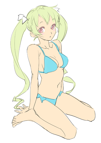 nishieda, original, bad id, bad pixiv id, lowres, 1girl, bikini, blue bikini, female focus, full body, simple background, sitting, solo, swimsuit, twintails, white background