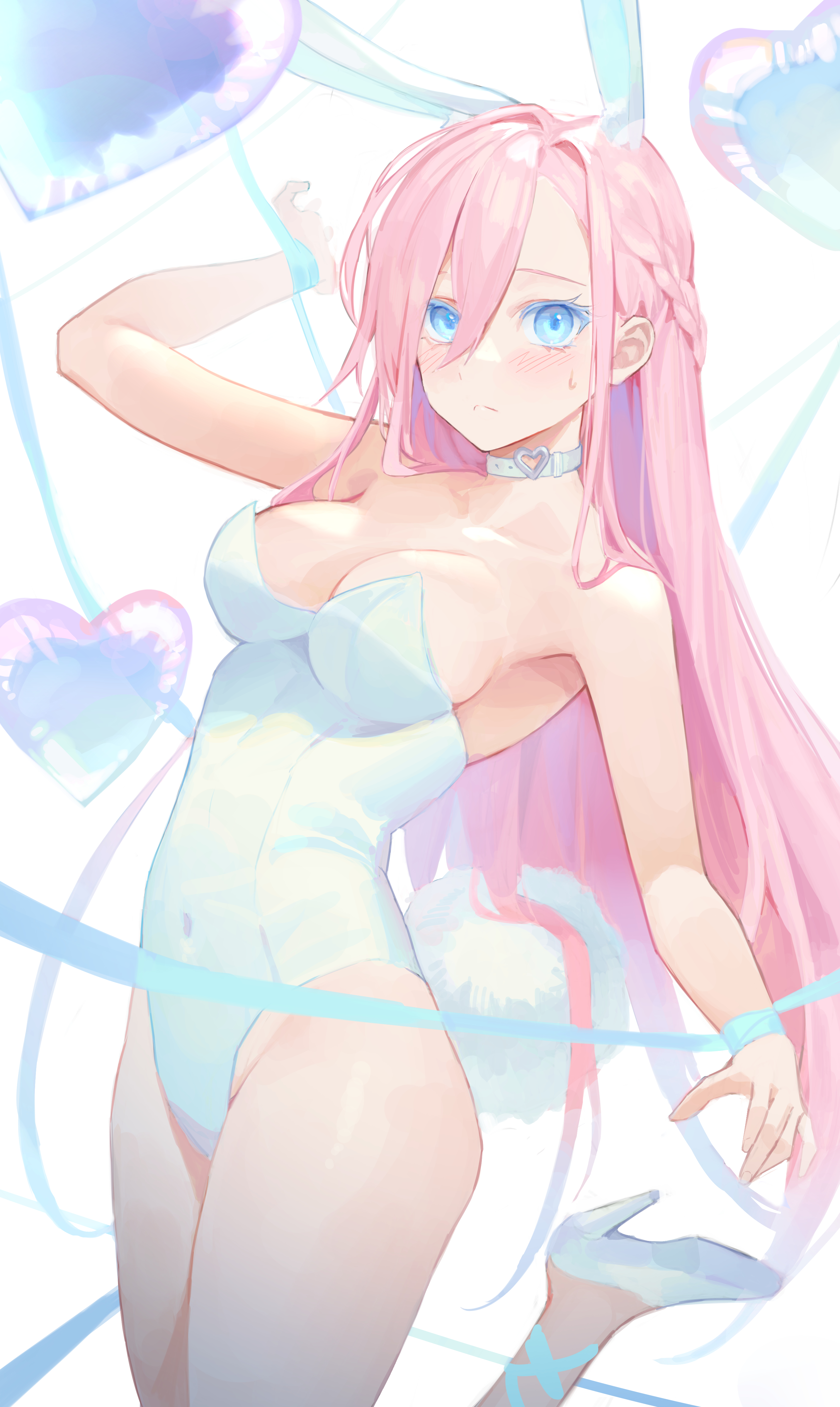 mamima, original, absurdres, highres, 1girl, animal ear fluff, animal ears, arm up, balloon, belt collar, blue eyes, bound, bound wrists, braid, breasts, collar, collarbone, colored eyelashes, covered navel, dot nose, extra ears, forehead, frown, hair ribbon, heart, heart balloon, heart o-ring, high heels, highleg, highleg leotard, leotard, long hair, looking at viewer, medium breasts, o-ring, parted bangs, pink hair, playboy bunny, rabbit ears, rabbit girl, rabbit tail, ribbon, simple background, single braid, solo, standing, standing on one leg, strapless, strapless leotard, sweatdrop, tail, thighs, tress ribbon, very long hair, white background, white leotard