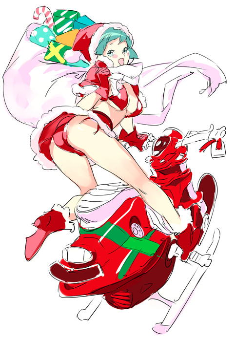 nishieda, original, bad id, bad pixiv id, 1girl, aqua eyes, aqua hair, ass, bikini, blue eyes, blue hair, boots, christmas, female focus, gift, gloves, hat, matching hair/eyes, panties, pantyshot, sack, santa costume, santa hat, scarf, side-tie bikini bottom, simple background, skirt, sled, snowmobile, solo, swimsuit, underwear, wind, wind lift