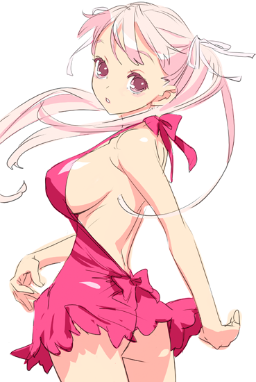 nishieda, original, bad id, bad pixiv id, 1girl, apron, ass, breasts, dress, female focus, huge breasts, large breasts, naked apron, no panties, pink eyes, pink hair, sideboob, simple background, solo, twintails