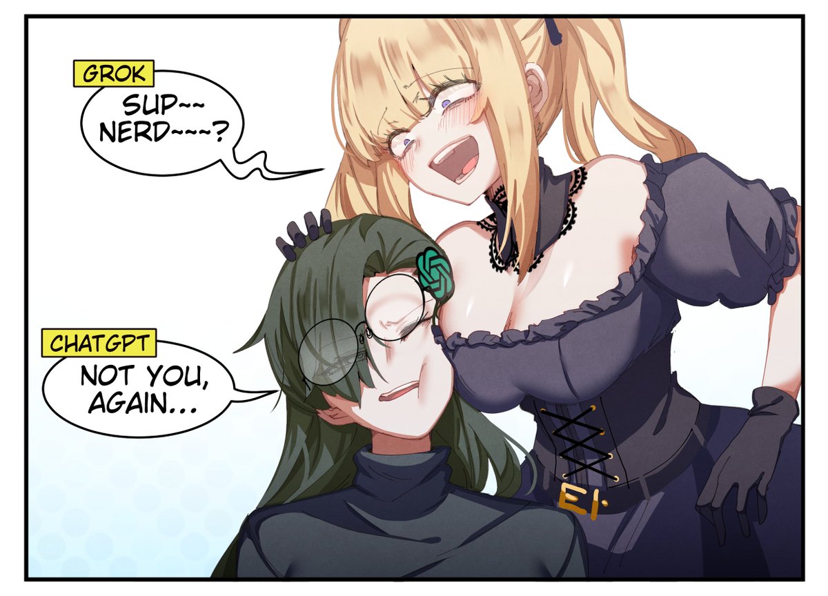at2., merryweather, ani (xai), xai (company), commentary, english commentary, 2girls, annoyed, asymmetrical bangs, bare shoulders, black collar, black dress, black gloves, black shirt, blonde hair, blue eyes, blush, border, breast press, breasts, chatgpt, cheek-to-breast, cleavage, collar, dress, english text, eyes visible through hair, glasses, gloves, green hair, hair ornament, hair over one eye, large breasts, logo, logo hair ornament, long hair, looking at another, multiple girls, off-shoulder dress, off shoulder, one eye closed, open mouth, round eyewear, shirt, simple background, smile, speech bubble, talking, twintails, white background, white border