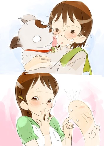 nishieda, amasawa yuuko, hashimoto fumie, okonogi yuuko, oyaji (dennou coil), dennou coil, visor, bad id, bad pixiv id, lowres, 00s, 2girls, glasses, hand over mouth, hand to own mouth, licking, multiple girls, smile