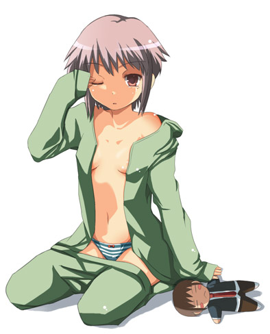 yuuji overall, kyon, nagato yuki, suzumiya haruhi no yuuutsu, eyebrows, lowres, 00s, 1girl, alternate costume, bare shoulders, breasts, character doll, clothes pull, doll, female focus, full body, long sleeves, off shoulder, one eye closed, open clothes, open shirt, pajamas, panties, pants, pants pull, purple hair, rubbing eyes, shade, shirt, short hair, simple background, sitting, sleeves past wrists, small breasts, solo, striped clothes, striped panties, underwear, white background, yellow eyes