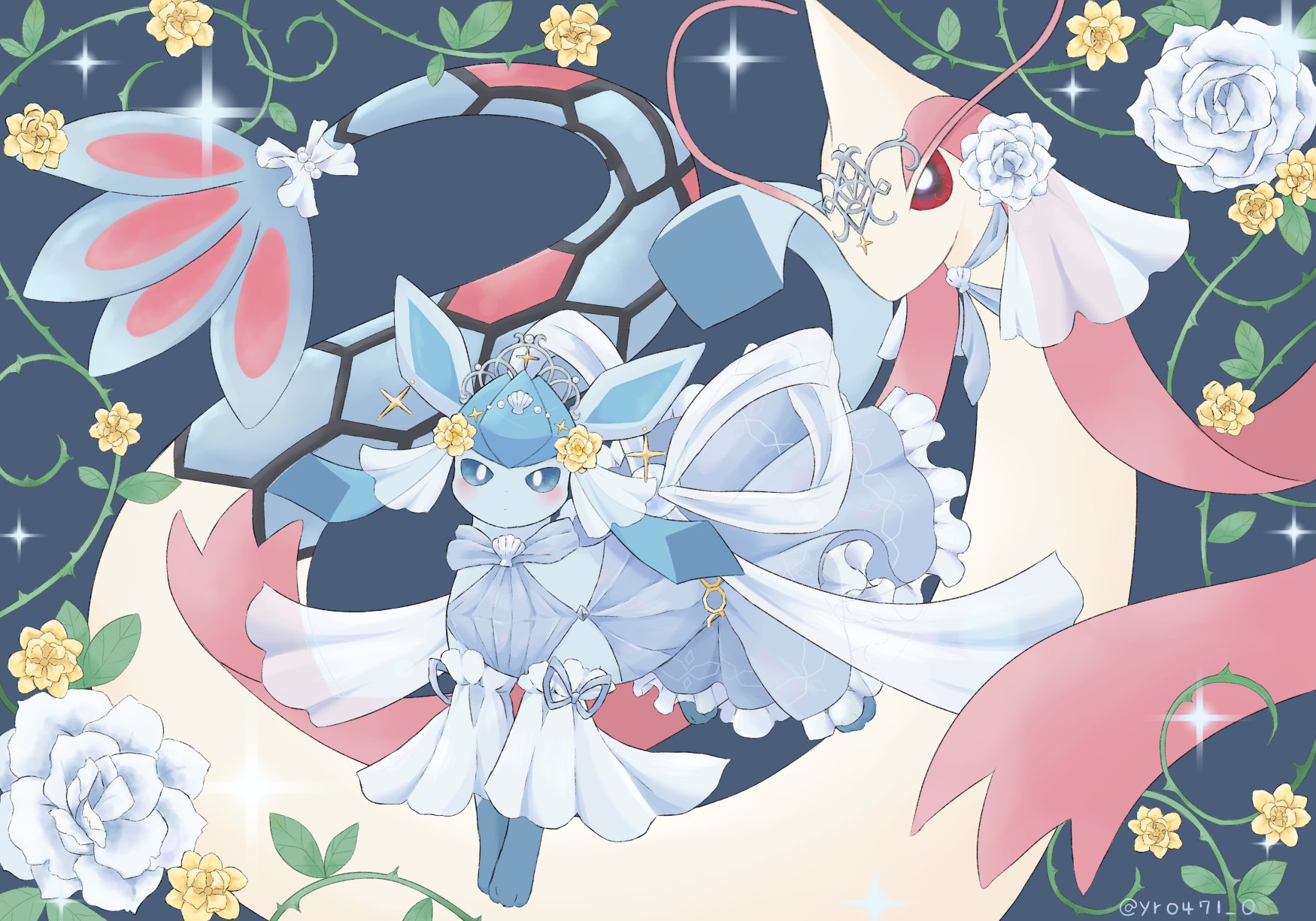 yuuri (yr0471 0), glaceon, milotic, nintendo, pokemon, commentary request, highres, animal focus, blue background, blue dress, blue eyes, blush, clothed pokemon, dress, flower, frills, gen 3 pokemon, gen 4 pokemon, leaf, no humans, pink eyes, pokemon (creature), pokemon focus, seashell, shell, tiara, twitter username