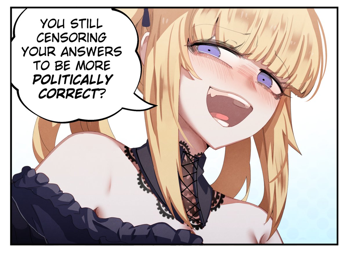 at2., merryweather, ani (xai), xai (company), commentary, english commentary, 1girl, bare shoulders, black collar, blonde hair, blue eyes, blunt bangs, blush, border, collar, english text, long hair, looking at viewer, open mouth, simple background, smile, solo, speech bubble, talking, upper body, white background, white border
