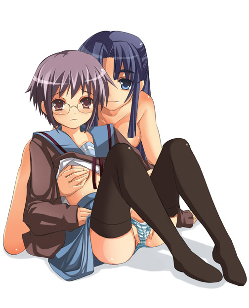 yuuji overall, asakura ryoko, nagato yuki, suzumiya haruhi no shoushitsu, suzumiya haruhi no yuuutsu, 00s, 10s, 2girls, breasts, clothed female nude female, feet, fingering, glasses, grabbing another's breast, groping, half updo, hand in panties, legs, medium breasts, multiple girls, nipples, nude, panties, school uniform, serafuku, small breasts, striped clothes, striped panties, thighhighs, underwear, yuri