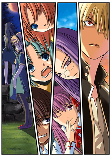 yuuji overall, furude rika, gilgamesh (fate), gilgamesh (immoral biker jacket) (fate), houjou satoko, maebara keiichi, matou sakura, medusa (fate), medusa (rider) (fate), ryuuguu rena, sonozaki mion, sonozaki shion, fate/stay night, fate (series), higurashi no naku koro ni, 00s, 2boys, 6+girls, blonde hair, crossover, multiple boys, multiple girls, official alternate costume, siblings, sisters, square pupils, twins