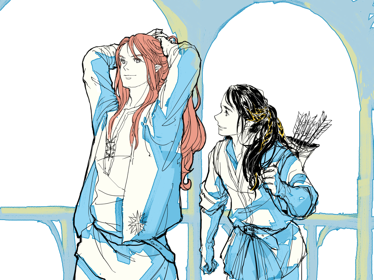 pixiv id 9475840, fingon, maedhros, the silmarillion, tolkien's legendarium, 2boys, arms behind head, arrow (projectile), black hair, braid, carrying, closed mouth, cousins, elf, height difference, looking at another, male focus, multiple boys, parted lips, pointy ears, quiver, red hair