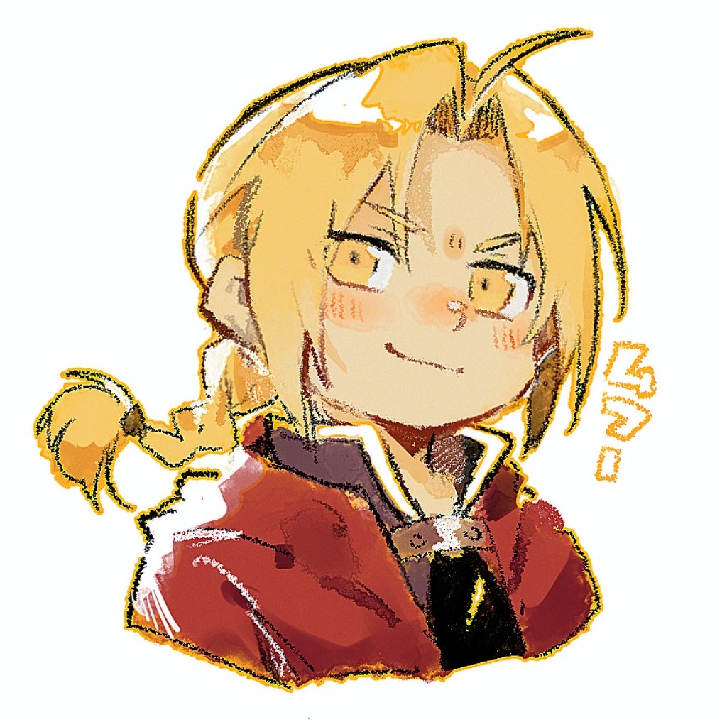 sski 0, edward elric, fullmetal alchemist, commentary request, translation request, 1boy, black shirt, blonde hair, blush, braid, chibi, closed mouth, collared shirt, cropped torso, curtained hair, jacket, long hair, looking at viewer, male focus, popped collar, red jacket, shirt, single braid, smile, solo, white background, yellow eyes