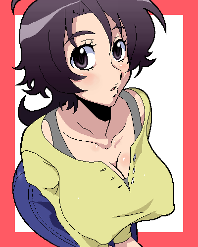 amaha masane, witchblade, bad id, bad pixiv id, lowres, 00s, blouse, breasts, covered erect nipples, huge breasts, oekaki, shirt, solo, yellow shirt