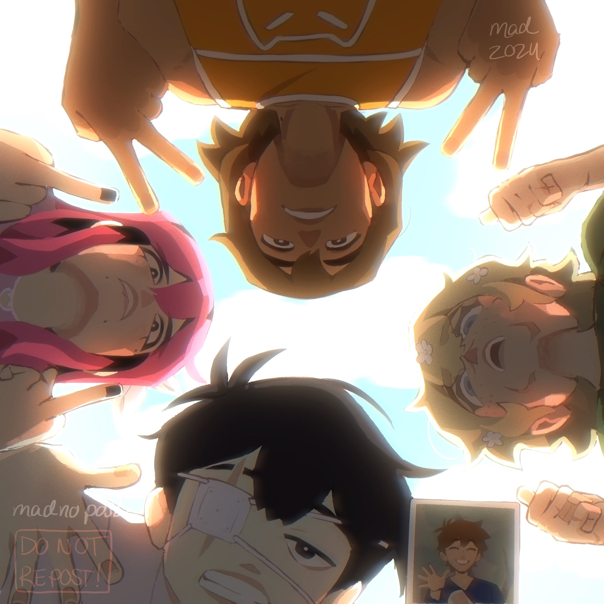 madnopost, hero (faraway) (omori), hero (omori), sunny (omori), omori, highres, spoilers, 1girl, 2024, 3boys, alternate hair color, antenna hair, artist name, bandaid, bandaid on finger, black eyes, black hair, black nails, blonde hair, blue eyes, bright pupils, brown hair, dark-skinned male, dark skin, double-parted bangs, double middle finger, eyepatch, facial scar, flower, hair between eyes, hair flower, hair ornament, holding, holding photo, long hair, middle finger, multicolored hair, multiple boys, open mouth, photo (object), pink hair, scar, scar across eye, scar on cheek, scar on face, scar on hand, short hair, teeth, thumbs up, two-tone hair, white pupils